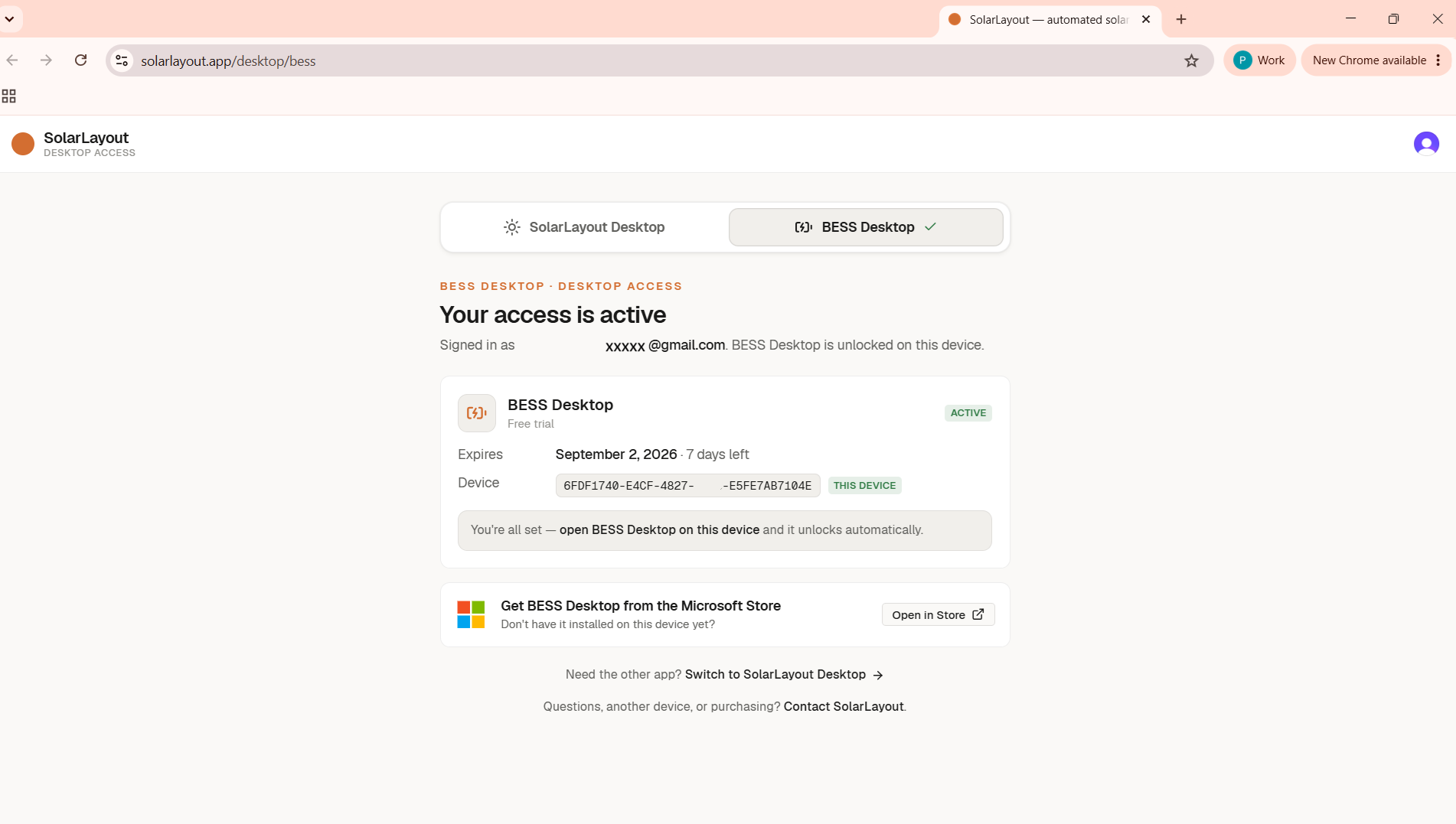 The browser page opened by Get Free Access, addressed to this device's Device ID.