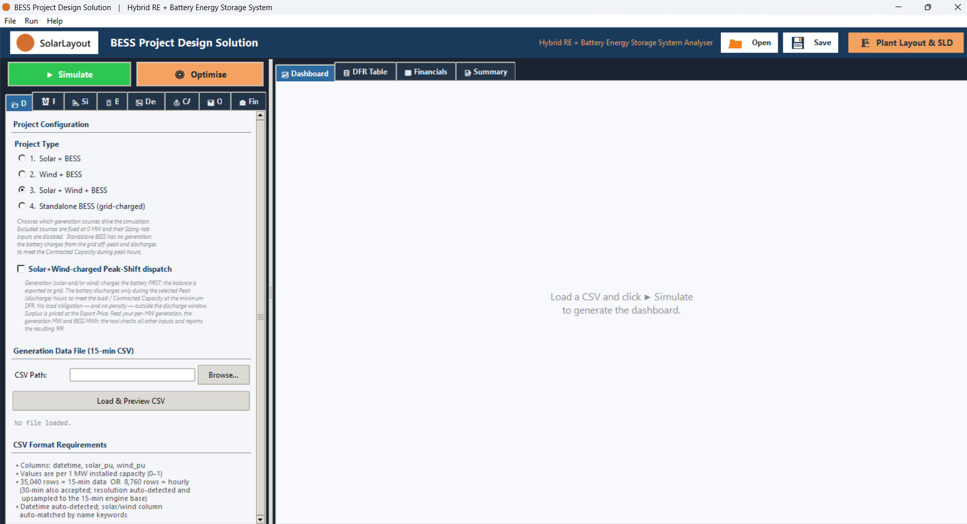The main window straight after launch, before a generation profile is loaded or a run has been made.
