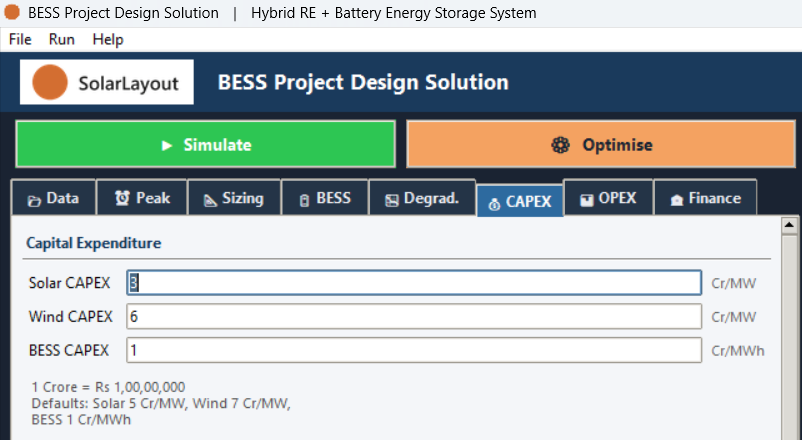 The CAPEX tab's Solar, Wind and BESS capital cost fields.