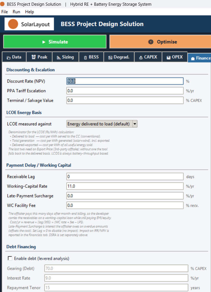 The Finance tab's discounting, LCOE basis, payment delay, debt and tax groups.