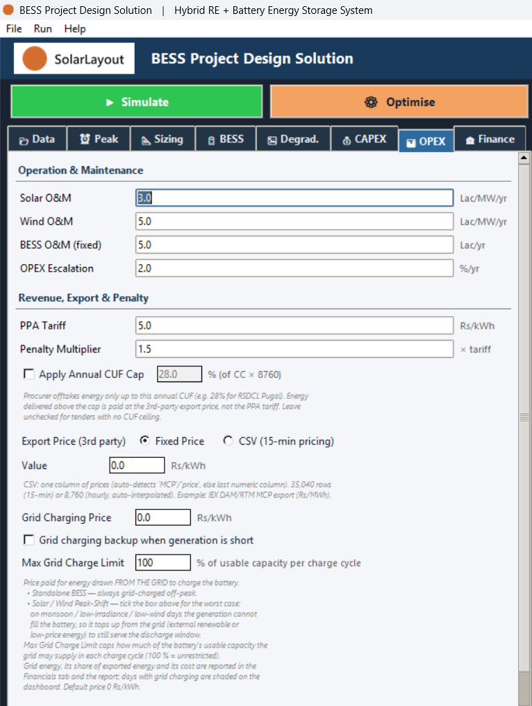 The OPEX tab's O&M, Revenue & Penalty, Export Price and Grid Charging groups.