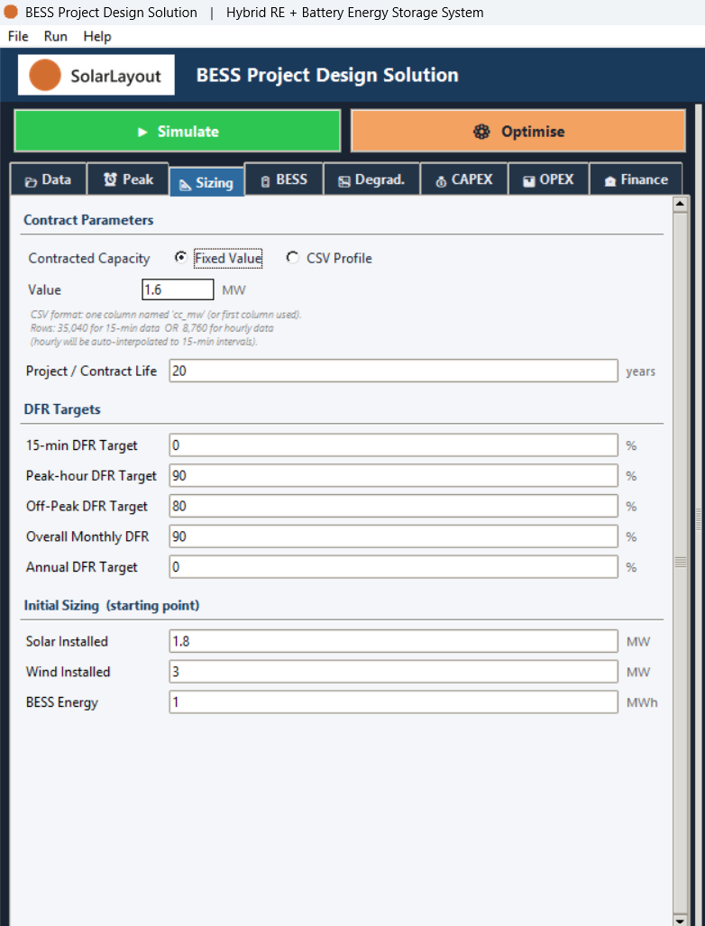 The Sizing tab's Contracted Capacity radio, Project/Contract Life, DFR Targets and Initial Sizing groups.