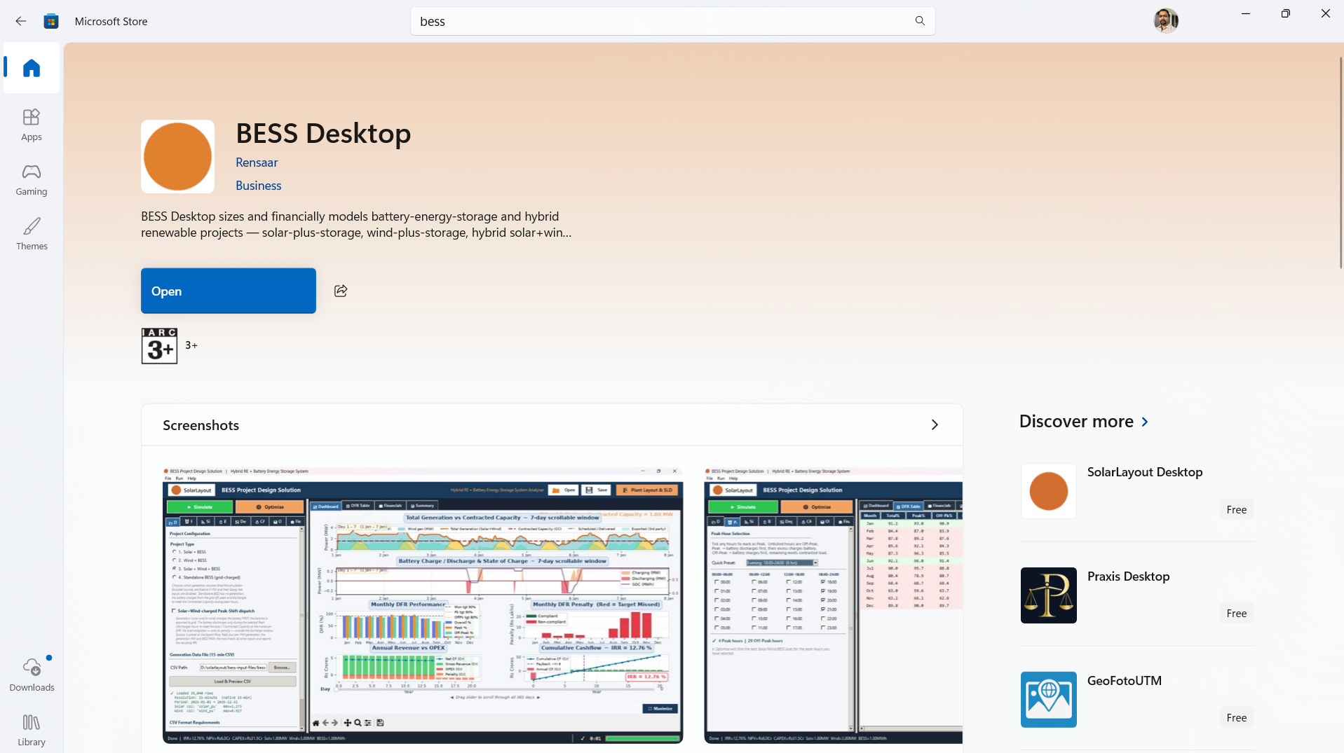 The BESS Desktop listing in the Microsoft Store, showing the publisher and the Get button.