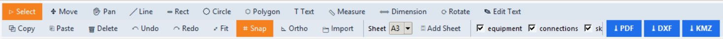 The drawing editor's two toolbar rows, plus the sheet-size combobox and the layer toggles.