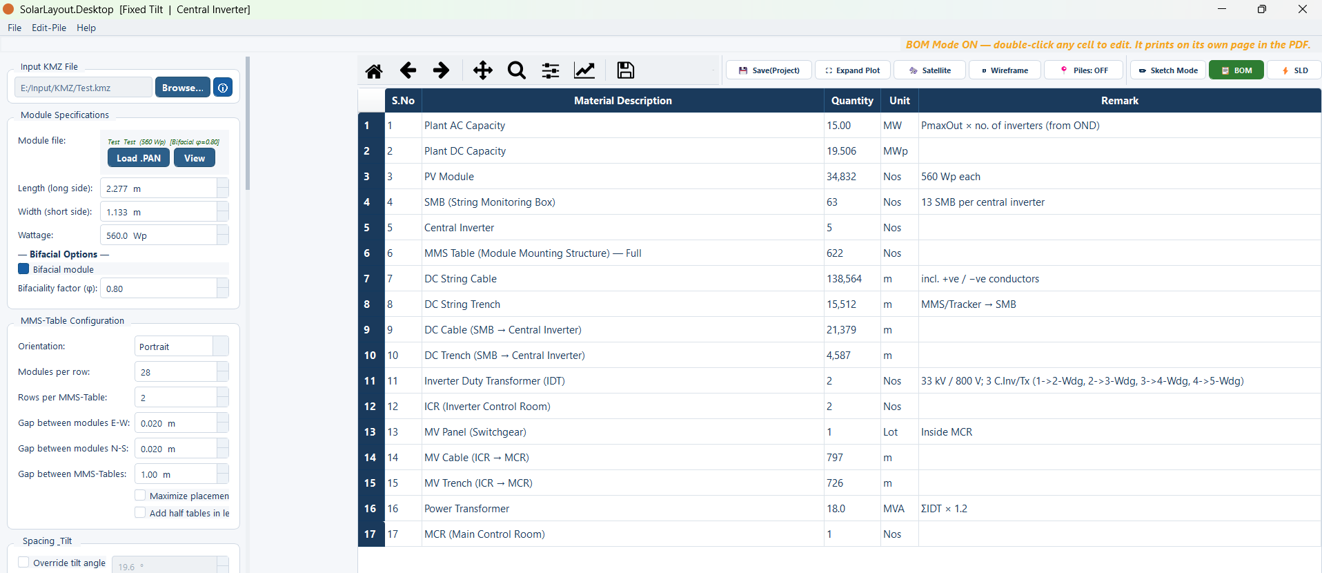 The bill of materials editor with its five columns filled from the layout — line number, material description, quantity, unit and remark.