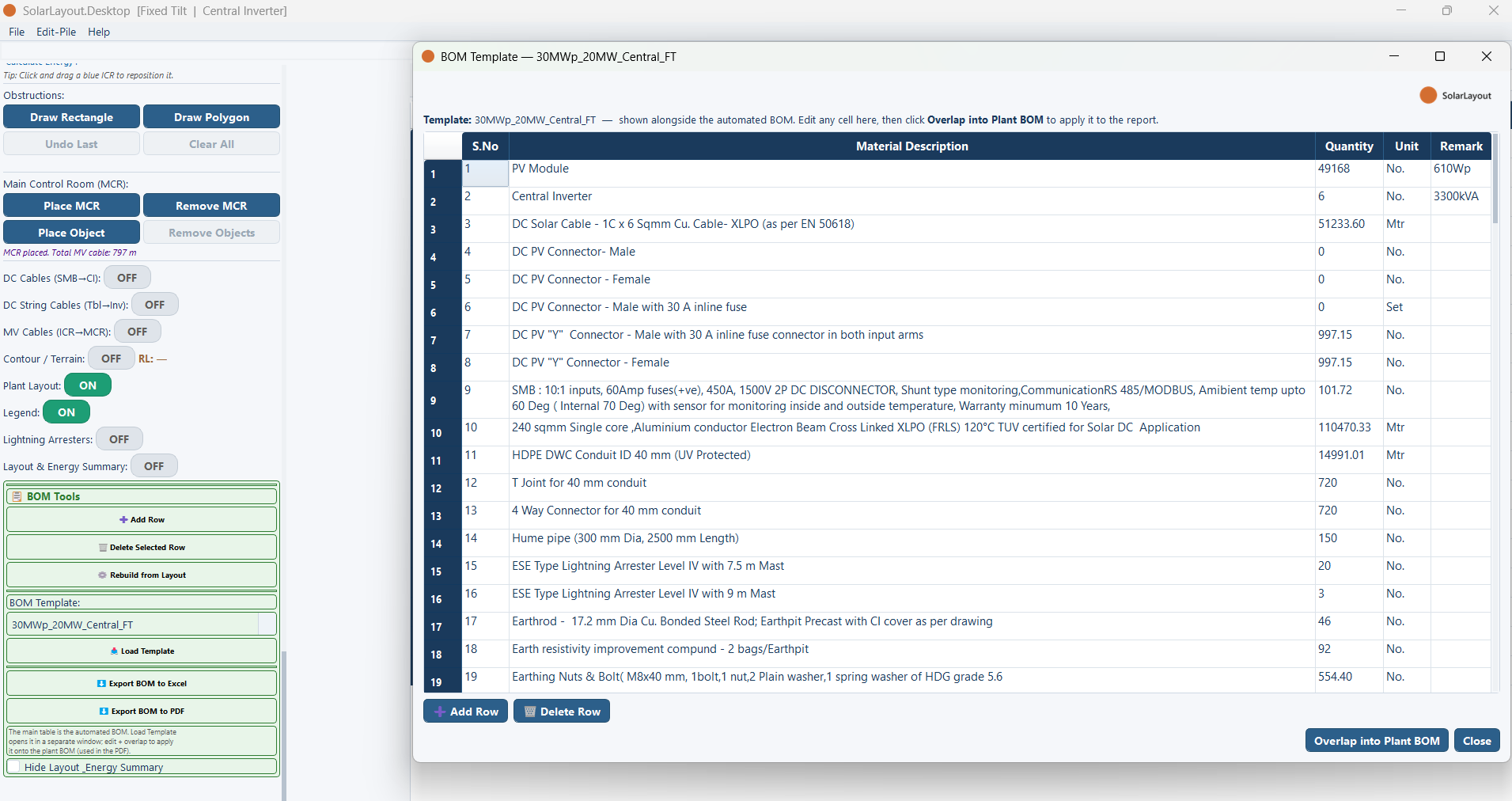 A template opened in its own window next to the automatically computed bill of materials.