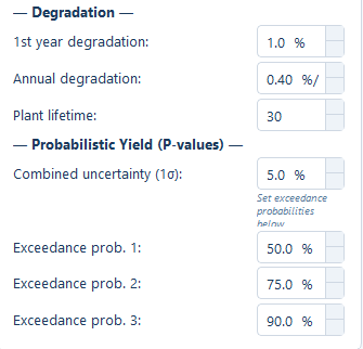 The degradation and probabilistic yield sections with their default values.