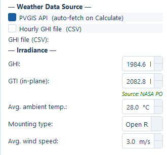 The irradiance fields filled in automatically, with a source label naming the service used.