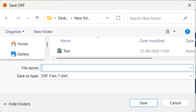 The Save DXF window, with an empty file name field and the file type set to DXF files.