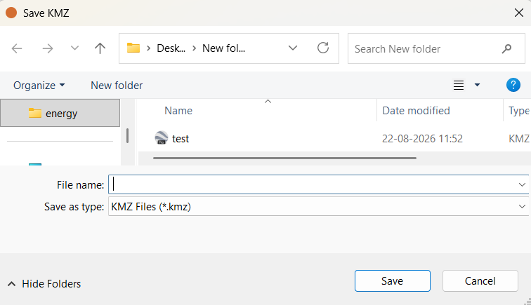 The Save KMZ window, with an empty file name field and the file type set to KMZ files.