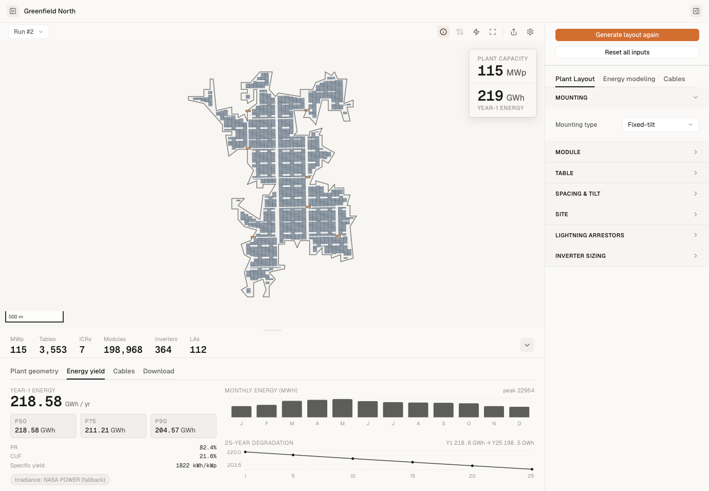 SolarLayout project canvas showing a completed layout with module tables, two ICRs and inverters, and the Energy yield tab open below showing P50 / P75 / P90 and the 25-year degradation chart.