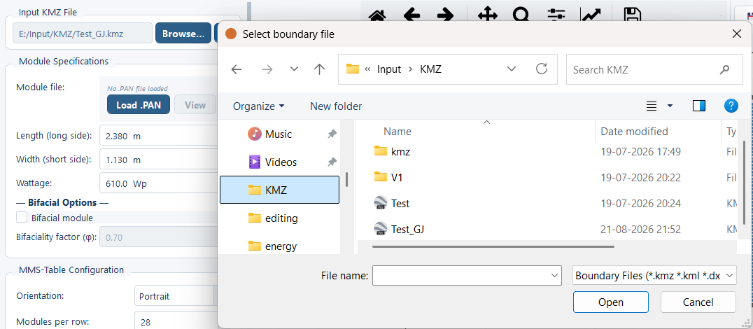 The Select boundary file window open over the input panel, with the file type row listing the boundary extensions it accepts.