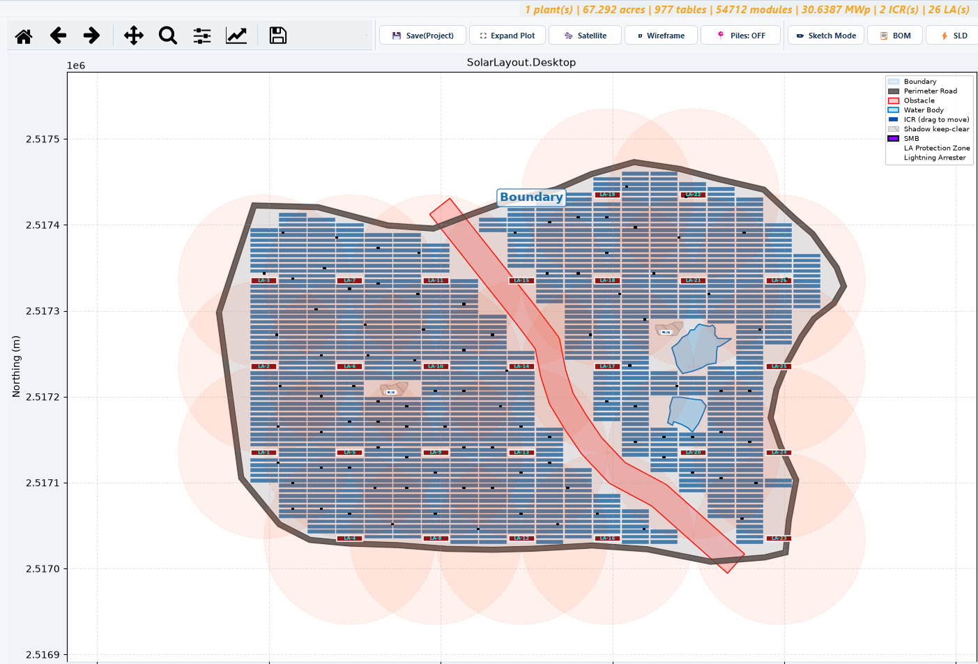 A layout with lightning arresters placed on a grid, each with its circular protection area drawn.