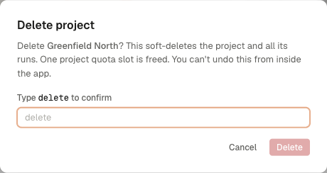SolarLayout 'Delete project' confirmation dialog with a type-the-word-delete confirmation box, Cancel, and a destructive Delete button.