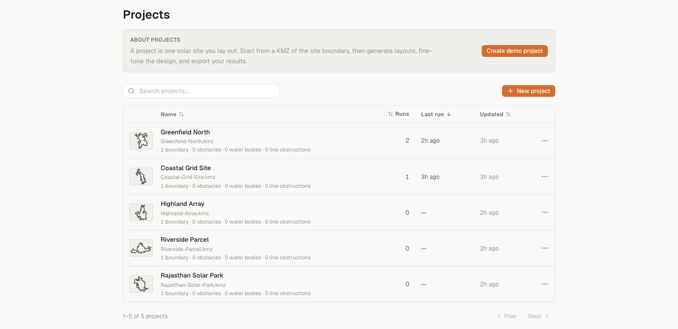 The Projects landing page — an 'About projects' explainer card, a search field, and a table listing each project with its boundary preview, name, run count, last-run time, and updated time, with a New project button at the top-right.