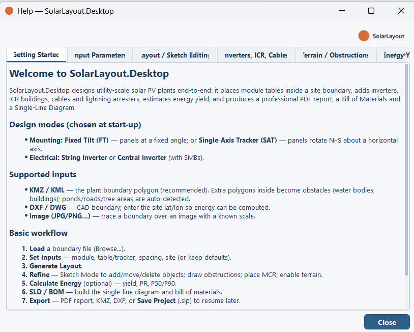 The in-app guide open on its first tab, with the tab strip visible.