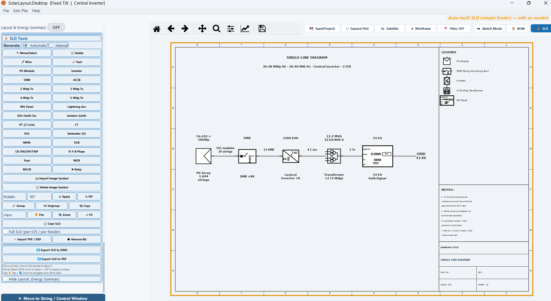 The diagram editor with the drawing sheet frame, its title block and the symbol palette.