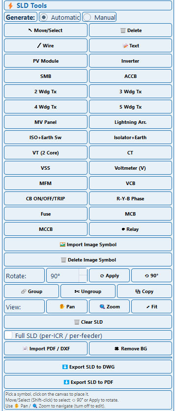 The diagram symbol palette listing the available equipment and switchgear symbols.