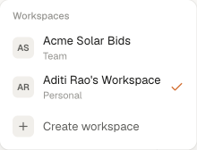 The workspace switcher open in the sidebar, listing a team workspace and a personal workspace with a tick on the active one, plus a Create workspace option.